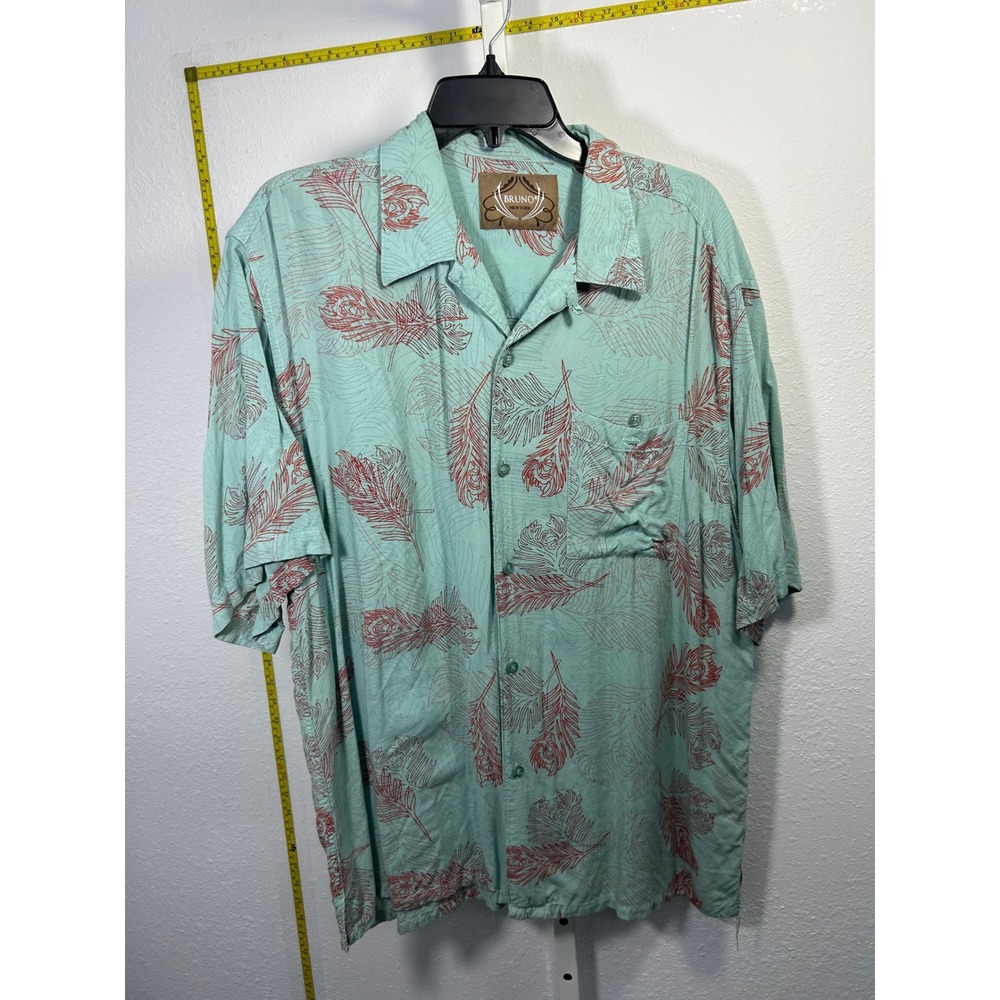 Bruno New York Mens XL Rayon Button Down Shirt Peacock Feather Print Seafoam Red